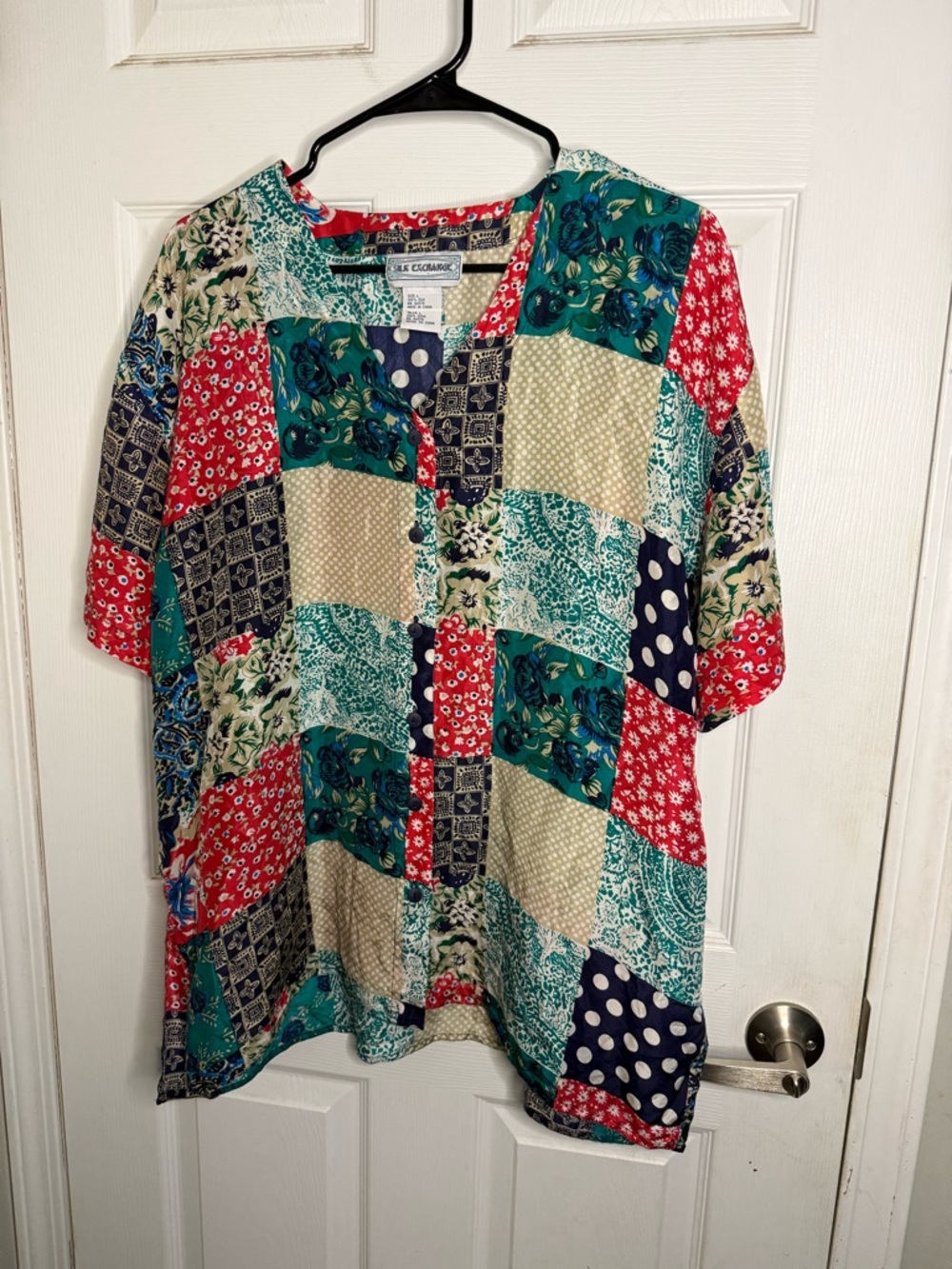 Vintage Silk Exchange 100% silk patch work button up